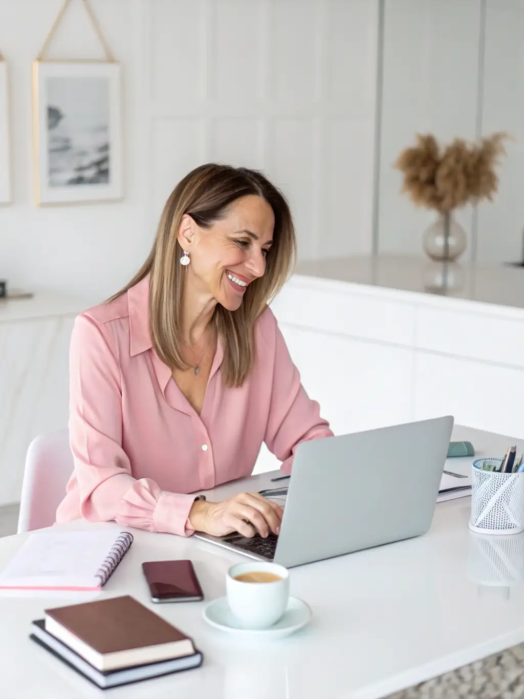 A business owner looking stressed and overwhelmed, sitting at a desk piled with paperwork, contrasted with an image of the same person looking confident and organized after coaching.
