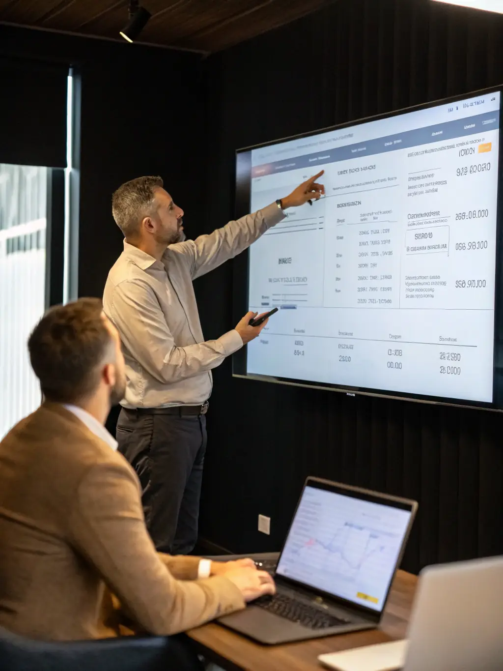 An image illustrating a business coach presenting a data-driven growth plan to a client, highlighting key performance indicators.