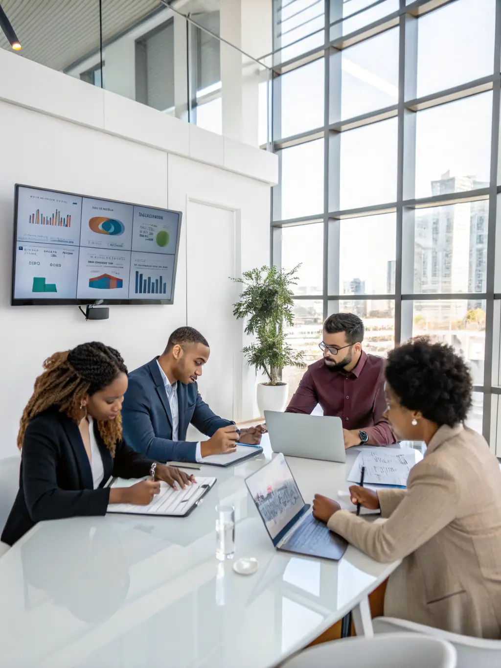 A diverse team of business professionals collaborating around a table, brainstorming ideas and discussing growth strategies, with laptops and charts visible.