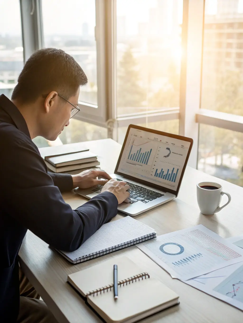 A professional business coach in a modern office setting, reviewing data analytics reports with a client, both smiling and engaged in a discussion about business strategy.