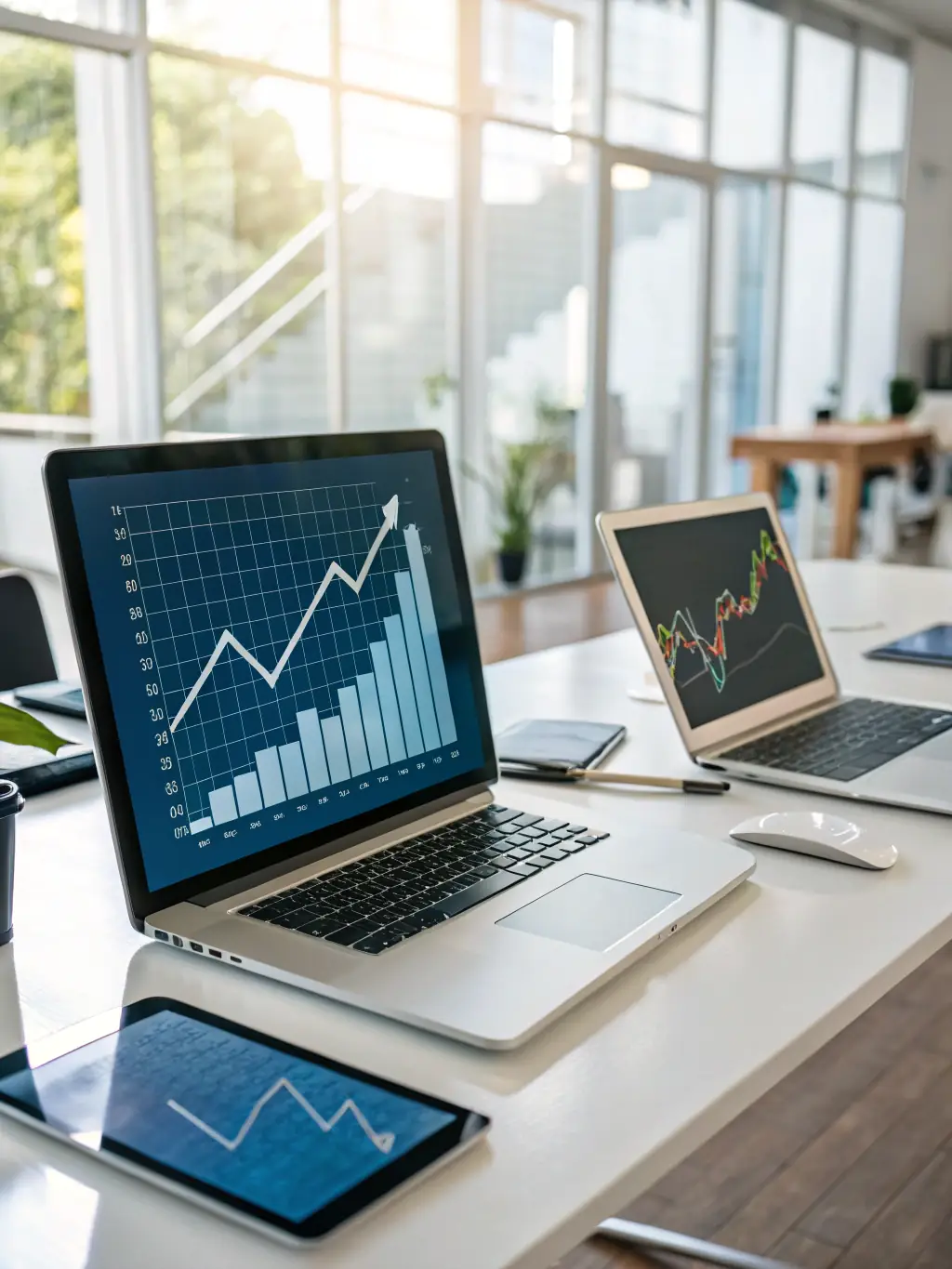 A graph showing upward trending business growth, with arrows and icons representing key performance indicators and successful business outcomes.